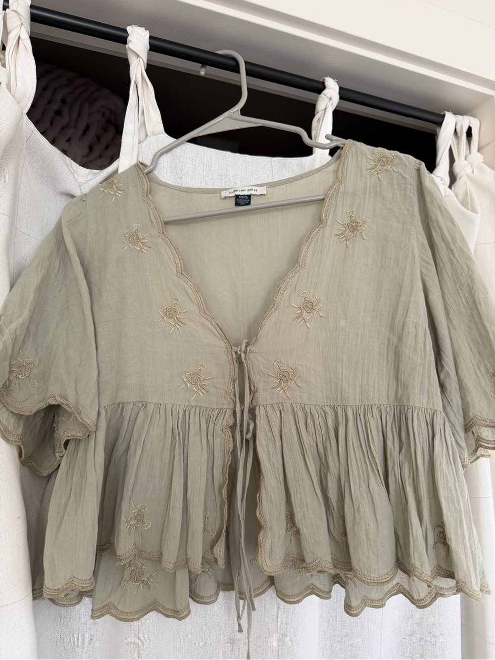 American Eagle Outfitters Sage Green Embroidered Peplum Tie-Front Tunic